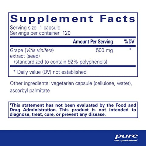 Grape Pip 500 mg | Suporte à Saúde Vascular | 120 Cápsulas - Pure Encapsulations