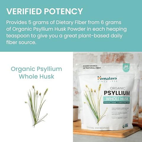 Psyllium Orgânico em Pó, Fibra Natural Diária, Regularidade, Controle de Apetite, Certificado Orgânico USDA, Não-OGM, Suprimento de 56 Colheres de Sopa, Sem Sabor, 340g - Himalaya