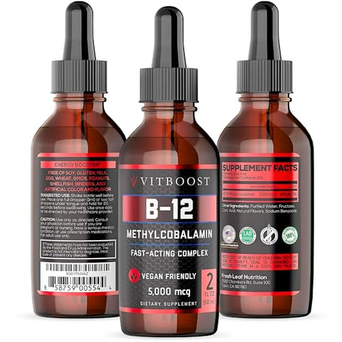 VITBOOST - Vegan Liquid B-12 Drops – 60 x 5000 mcg Extra Strength Sabor Framboesa Vitamina B12 Líquida Methylcobalamin Sublingual | Maximiza Absorção
