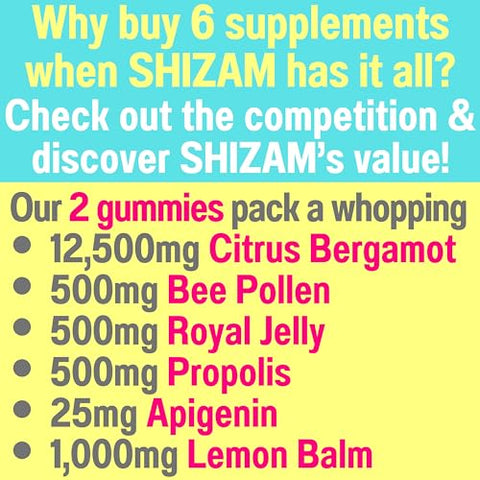 SHIZAM - Gomas de Citrus Bergamota com Apigenina de Pólen de Abelha, Própolis Orgânico, Geleia Real, Mel e Extrato de Melissa, para Homens e Crianças – Cápsulas de Ervas, Gotas e Pó (60g)