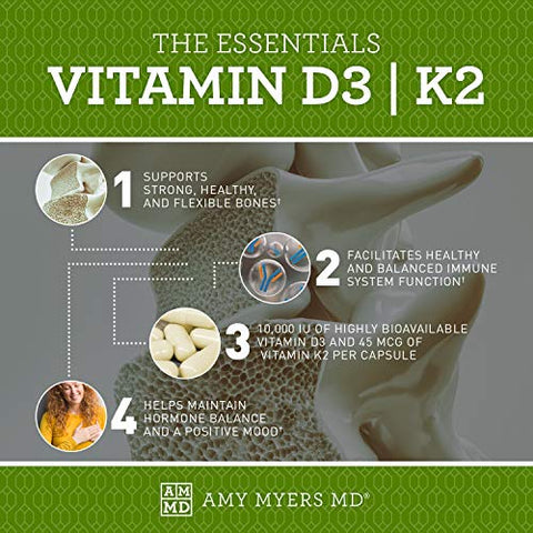 Vitamina D3 K2 10000 UI – Vitamina K2 MK-7 45 mcg – Suporta a Função Imunológica, Níveis de Energia - Amy Myers MD