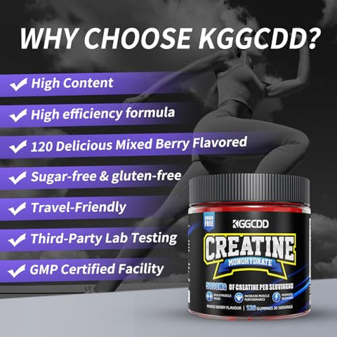 KGGCDD - Creatine Monohydrate Gummies Sem Açúcar, 5g de Creatina Monohidratada por Porção para Máxima Força Muscular, Energia Foco Resistência, Suplementos de Creatina para Mulheres e Homens 120 Unidades