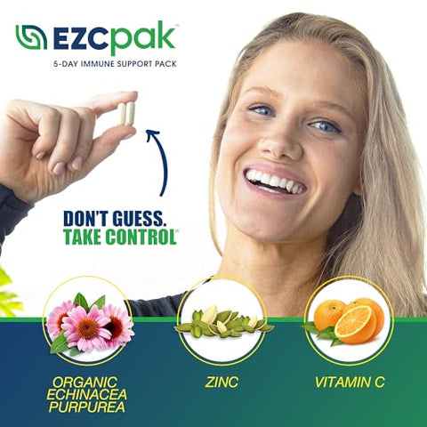 Reforço Imunológico em 5 Dias – Suplemento de Suporte Imunológico com Vitamina C, Echinacea e Zinco – Boosters Imunológicos para Adultos - EZC Pak