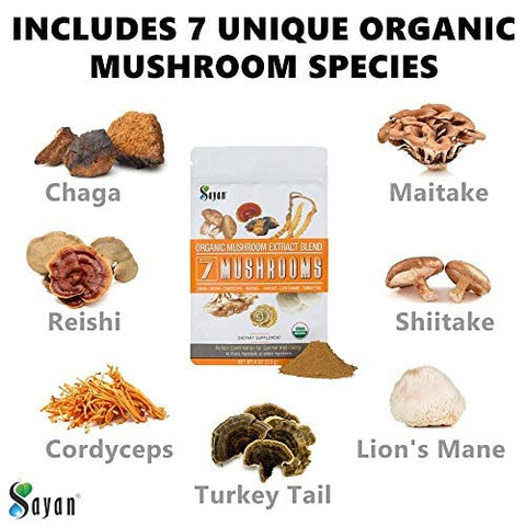 7 Cogumelos Orgânicos em Pó 113g – Chaga, Reishi, Cordyceps, Maitake, Shiitake, Lion’s Mane e Turkey Tail – Sem Aditivos, Adicione ao Café - Sayan