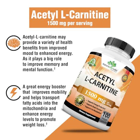 NaturaLife Labs A Higher Standard - Acetyl L-Carnitina 1.500 mg Alta Potência Suporta Produção Natural de Energia, Nutrição Esportiva, Suporta Memória/Foco – 100 Cápsulas Vegetais