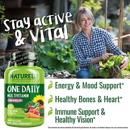 One Daily Multivitamínico para Mulheres 50 (Sem Ferro) – Suporte para a Menopausa em Mulheres Acima de 50 – Suplemento Alimentar à Base de Alimentos Integrais – Não-OGM – Sem Soja – 120 Cápsulas – Fornecimento de 4 Meses - NATURELO