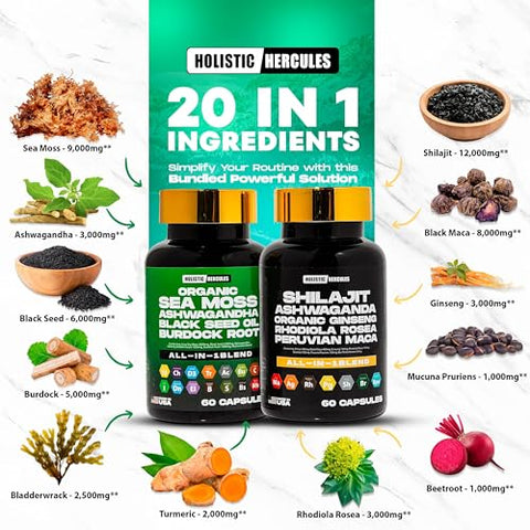 Holistic Hercules - Premium Combo Bundle – Sea Moss 9000mg, Black Seed Oil 6000mg, Ashwagandha 3000mg, Shilajit 12000mg, Black Maca 4000mg, Beetroot 1000mg, Pacote de Suplementos All in 1