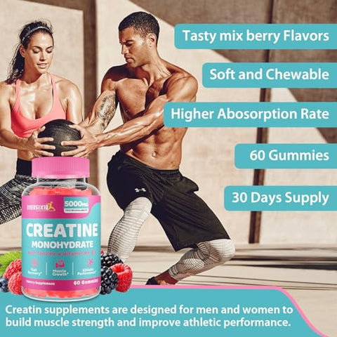 Energixir - Gomas de Creatina Monohidratada, Suplemento de Creatina para Mulheres, Mastigáveis Pré-Treino de Creatina 5000mg com Taurina