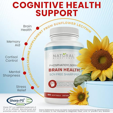 Natural BioScience - Suplemento de Fosfatidilserina 100mg Livre de Soja – Saúde Cerebral, Memória, Controle de Cortisol, Agilidade Mental – PS100 Patenteado, Lecitina de Girassol