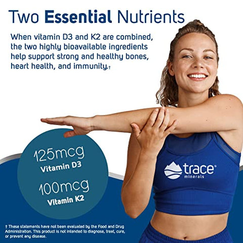 Vitamina D3 K2 Líquida Iônica | 125 mcg (5.000 UI) D3, 100 mcg K2 | Suplemento Alimentar Concentrado | 59 ml. 296 Porções - Trace Minerals