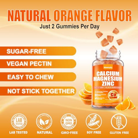 Maennyliy - Calcium 1200 mg com Vitamina D3 Gummies para Adultos – Citrato de Cálcio com Vitamina D3 K2, Magnésio, Zinco, Boro, Cobre e Ashwagandha – Suplemento de Cálcio de Absorção Extra para