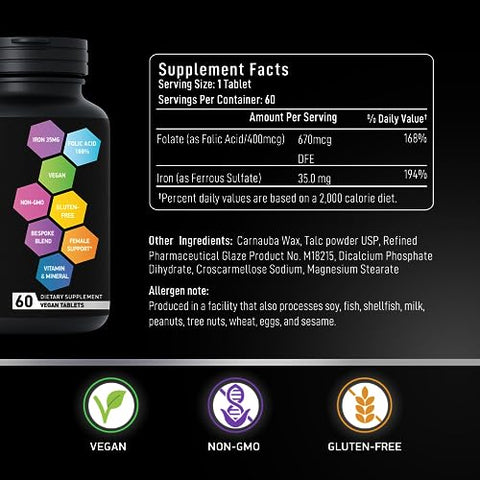 BIOACTIVE LABS - Suplemento de Ferro Vegano para Mulheres com Ácido Fólico – 168% Folate Folic Acid, 194% Sulfato Ferroso Construtor de Sangue em Comprimidos de Ferro para Mulheres com Anemia e Grávidas – 60