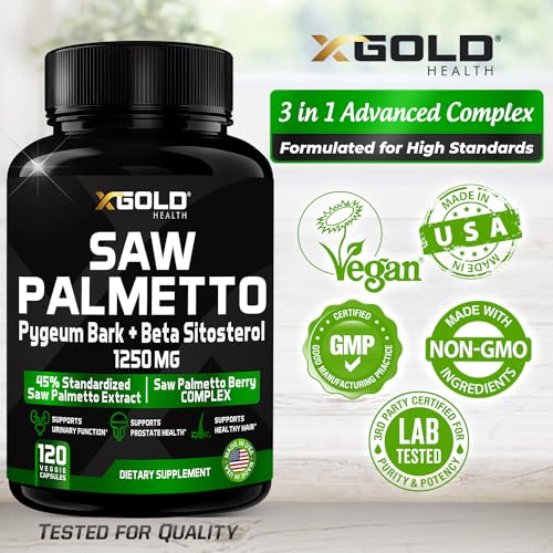 X Gold Health - X Gold Saúde Suplemento de Saw Palmetto para Próstata em Homens | Casca de Pygeum | Suplemento de Beta Sitosterol | Fórmula Potente 3X | Função Urinária Próstata | Bloqueador de DHT para Crescimento Capilar | 4