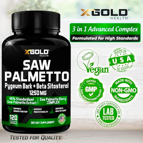 X Gold Health - X Gold Saúde Suplemento de Saw Palmetto para Próstata em Homens | Casca de Pygeum | Suplemento de Beta Sitosterol | Fórmula Potente 3X | Função Urinária Próstata | Bloqueador de DHT para Crescimento Capilar | 4