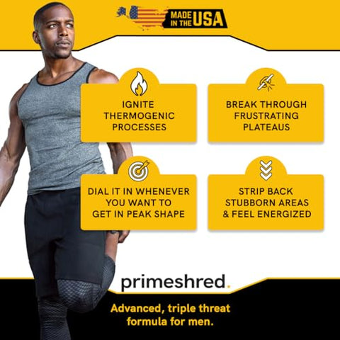 PrimeShred - Pílulas Termogênicas Supressoras de Apetite para Homens, Suplemento de Perda de Peso de Ação Tripla com Cafeína, Estimulante de Energia para Treinos (90 Cápsulas)