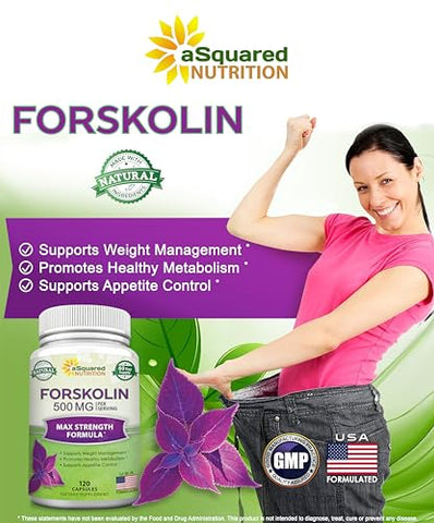 Forskolin 500mg Max Strength – 120 Cápsulas, Suplemento Natural para Perda de Peso Pura, Raiz de Coleus Forskohlii – Pílulas de Dieta Forskolin, Queimador de Gordura Pura para Barriga - aSquared Nutrition