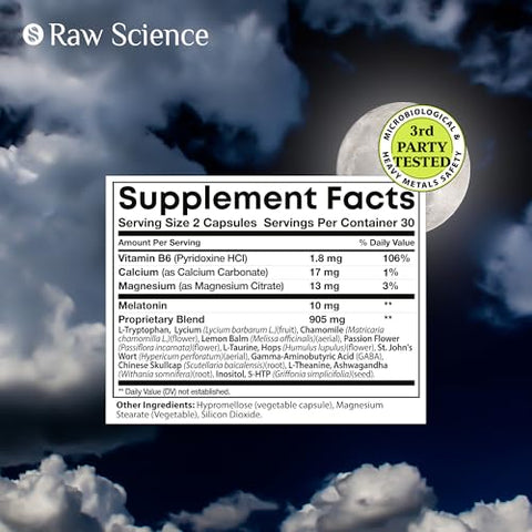 S RAW SCIENCE - Melatonina 10mg – Suplemento para Dormir com L-Teanina, GABA Calm, L-Triptofano – Suplementos para um Sono Profundo com Ashwagandha, Flor de Maracujá, Melissa, Camomila, Magnésio