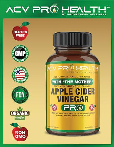 Promethean Wellness - 2-Pack ACV Pro Cápsulas de Vinagre de Maçã Orgânico Certificado com Mãe – Suplemento de Suporte para Desintoxicação, Alívio do Refluxo Ácido, Raiz de Gengibre e Pimenta Caiena