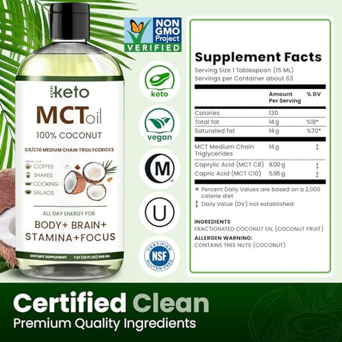 Keto MCT Oil – C8 e C10 sem sabor, não transgênico, certificado sem glúten, livre de óleo de palma, vegano, kosher, halal, 32 oz Óleo de Coco - Keppi