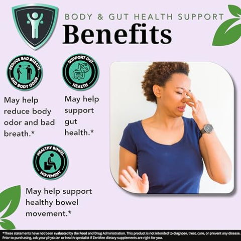 Zenmen - Eliminador Natural de Odor Corporal – Pílulas de Clorofila com Zinco, Champignon, Fibra de Psyllium – Testado por Terceiros, 60 Cápsulas Veganas. Fabricado nos EUA