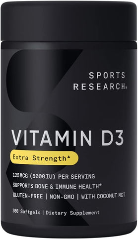 Vitamina D3 5000 UI Sports Research com Óleo de Coco MCT – Suplemento de Alta Potência para o Sistema Imunológico