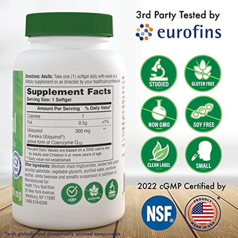 Health Thru Nutrition - Saúde Através da Nutrição Ubiquinol 300mg 60 Softgels com Kaneka QH CoQ-10 Reduzido | Estabilizado – Testado por Terceiros | Bioacessibilidade Aprimorada | Cardiovascular