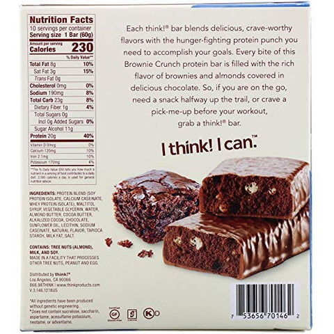 thinkThin - Think! Barras de Proteína – Snacks de Alta Proteína, Sem Glúten, Sem Açúcar, Barra Energética com Proteína Isolada do Soro do Leite, Sabor Brownie Crocante, Barras Nutricionais Sem Adoçantes Artificiais, 2.1 Oz (10 g)