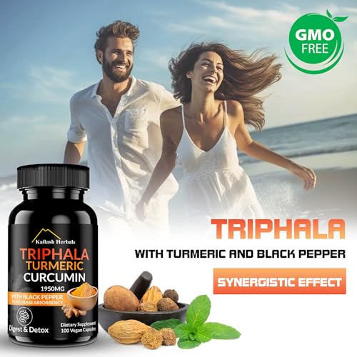 Kailash Herbals - Triphala Cúrcuma Curcumina 1950MG com Pimenta Preta, 100 Cápsulas Veganas, Digestão