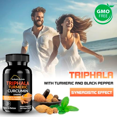 Kailash Herbals - Triphala Cúrcuma Curcumina 1950MG com Pimenta Preta, 100 Cápsulas Veganas, Digestão