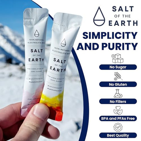 Salt of the Earth - Sal do Himalaia Rosa Premium Zero-Açúcar – Pacotes de Pó Hidratante com Eletrólitos – Ingredientes Premium – Keto