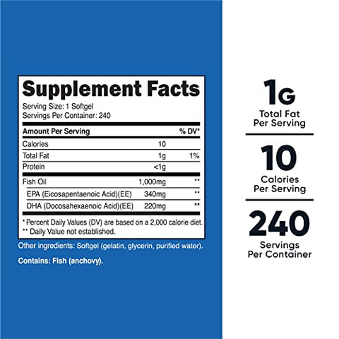 Óleo de Peixe 1000mg (560mg de Ômega-3), 240 Cápsulas (2 Frascos) – Alta Qualidade - Nutricost
