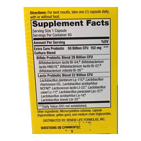 Ultimate Flora Extra Care Probiótico 50 Bilhões, 60 CT – Cuidado Extra para a Saúde Intestinal – Marca Renew Life - Renew Life