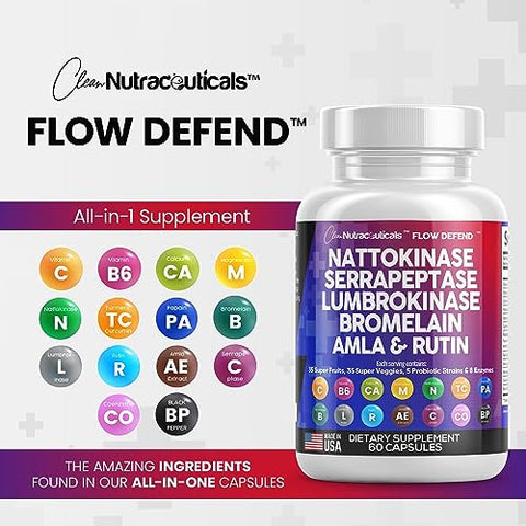 Nattokinase 4000 FU Serrapeptase 120000 SPU Lumbrokinase Enzima Suplemento com Bromelina Papaína Enzimas de Papaia Extrato de Rutina Amla Magnésio Vitamina B6 – Melhor Marca de Enzima para Saúde e Bem-Estar - Clean Nutraceuticals