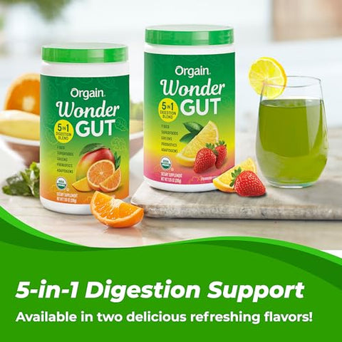 Pó de Suplemento de Fibra Orgânica para o Intestino Maravilhoso, 5 em 1 com 1 Bilhão de Probióticos, Verdes, Vitamina C, Adaptógenos para a Saúde Intestinal e Suporte Imunológico, Não-OGM, Morango - Orgain