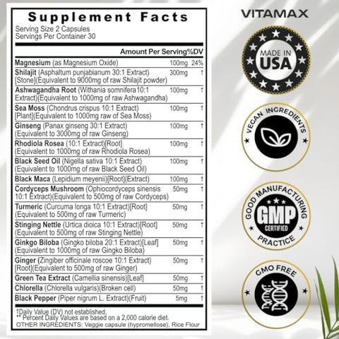 Vitamax - Suplemento Puro de Shilajit do Himalaia 10.000mg Ashwagandha 6.000mg Sea Moss 2.000mg Rhodiola Rosea 1000MG Gingko Biloba 500mg Cápsulas de Minerais Traços – Homens e Mulheres – Fabricado nos EUA