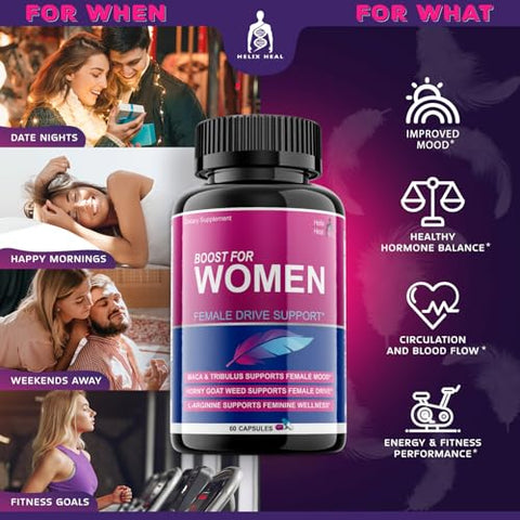 Helix Heal - Potente Estimulante de Libido Feminino – Suplemento para Mulheres com Ação Rápida – Hornygoatweed, Maca, Tribulus Terrestris e Ginseng – 60 cápsulas