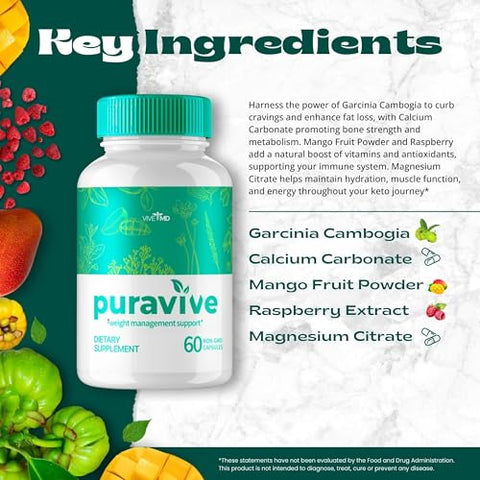 VIVE MD - Puravive: Cápsulas Premium de Gerenciamento de Peso, Método Avançado Puravive Exotic Rice com 60 Cápsulas Não-OGM, com Garcinia Cambogia e Pó de Manga