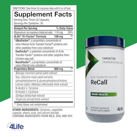 Transfer Factor Recall – Suplemento para Saúde Cerebral e Memória | 60 cápsulas | Marca 4Life - 4Life
