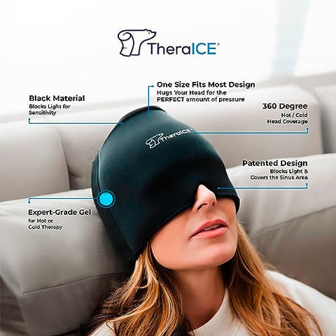 Cap Alívio Enxaqueca, Máscara Gelada para Dor de Cabeça, Chapéu Refrescante, Compressa Fria Facial para Tensão e Estresse - TheraICE