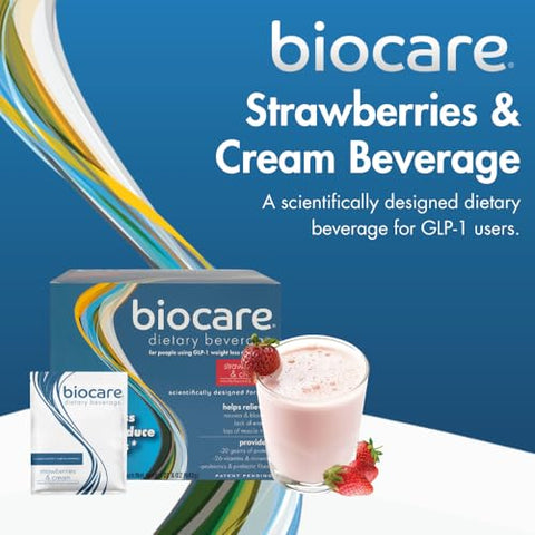 Biocare - Bebida Nutricional para Usuários de GLP-1, Pó Dietético com 20g de Proteína Essencial, 26 Vitaminas/Minerais, Alivia Náuseas, Inchaço, Prisão de Ventre, Morangos