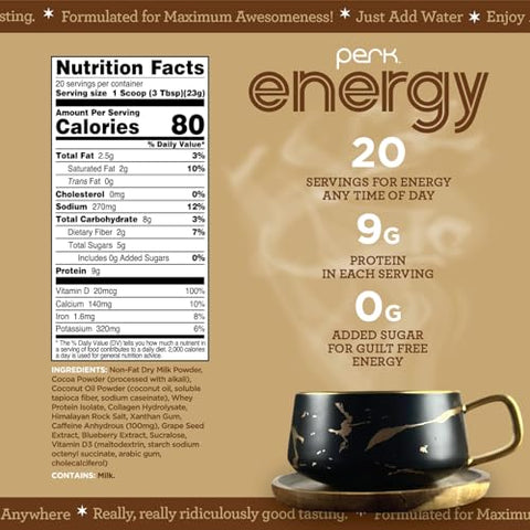 Energy Original Dutch Hot Cocoa (20 Porções) – Sem Glúten, Sem Soja, Sem Amendoim – Energize-se com o Melhor Cacau Quente! - Perk