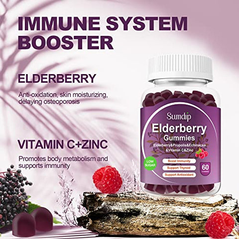 SumDIP - Gomas de Sabugueiro Orgânicas com Zinco e Vitamina C – Suporte Imunológico – Sabor de Frutas Vermelhas – Vegano – Sem Transgênicos – Sem Glúten – 60 Gomas – 2 Pacotes