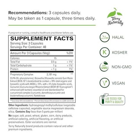 Curamin – 120 Cápsulas – Alívio Não-Viciante da Dor com Curcumina de Cúrcuma, Boswellia, DLPA – Marca Terry Naturally - Terry Naturally