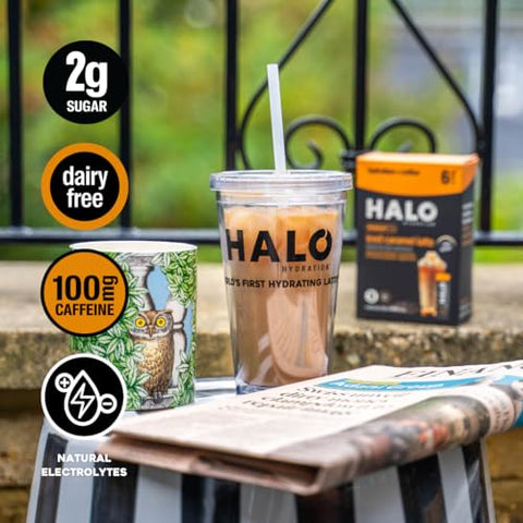 HALO Sport - HALO Iced Caramel Latte – Pó de Bebida Energética – Mistura de Café Saudável para Hidratação com Eletrólitos, Cafeína, Vitaminas e Minerais – 20 Calorias – Keto e Baixa Caloria – 1 x 12