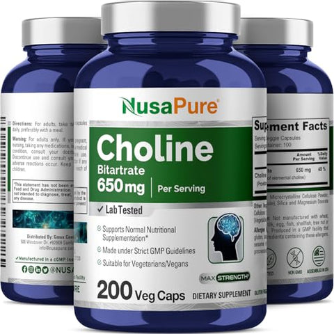 Choline Bitartrate 650 mg – 200 Cápsulas Vegetarianas (Vegano, Livre de Transgênicos) - NusaPure