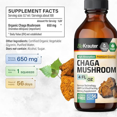 BIO KRAUTER - Extrato de Cogumelo Chaga – Tintura de Chaga para Suporte Imunológico – Vegano, Sem Álcool – Marca Chaga Extract