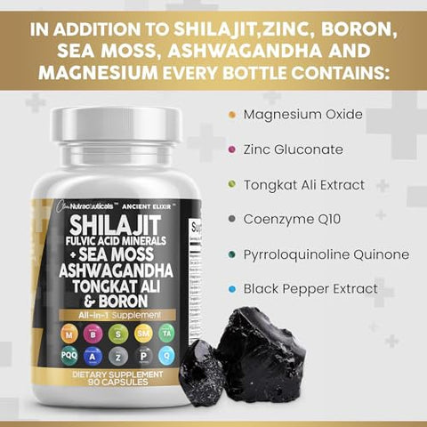 Clean Nutraceuticals - Shilajit 10.000mg com Sea Moss 6000mg, Ashwagandha 6000mg, Tongkat Ali, Boro, Magnésio – Cápsulas de Ácido Fúlvico para Homens – 90 Unidades