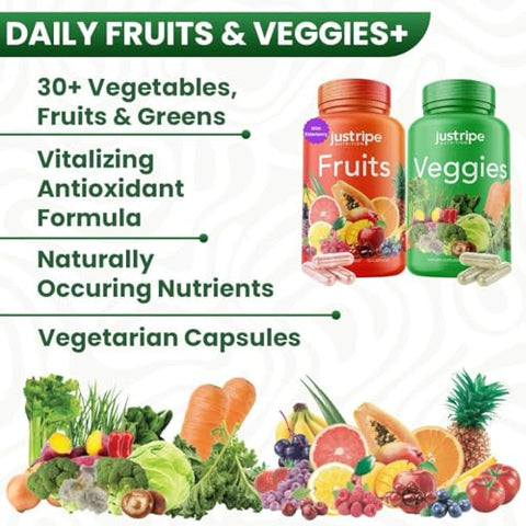 Just Ripe Nutrition - Suplemento de Frutas e Vegetais – 90 Cápsulas de Frutas e 90 Cápsulas de Vegetais (Pacote com 2) – Superfood 100% Natural – Rico em Vitaminas e Minerais – Suporta Níveis de Energia – Feito com Ingredientes Integrais