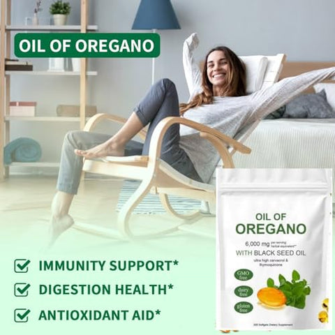 podafu - Óleo de Orégano Softgels, 300 Cápsulas Softgels de Suplemento de Óleo de Orégano, 2 em 1 Formulado com Óleo de Semente Negra 200mg, Não-OGM