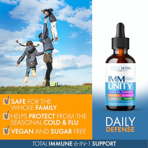 Total Nutra - Total Immune 6-em-1 Suplemento Líquido Multivitamínico | 100%% Diário Zinco, Vitamina D3, Vitamina C Gotas de Imunidade Líquida | Sabugueiro, Equinácea, Gengibre Suporte para Adultos | Marca Total Immune